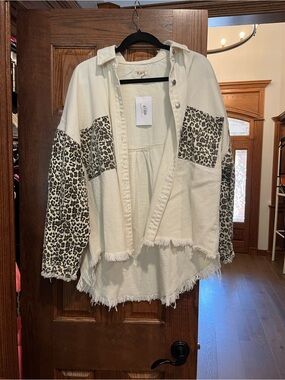 Pol Cream Button-Up Shacket with Leopard Print Panels NWT